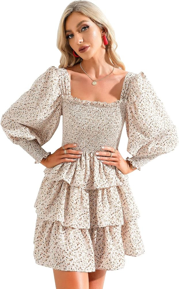 Byinns Womens Square Neck Tiered Ruffle Dress Floral Print Long Lantern Sleeve Tie Back Flowy Lay... | Amazon (US)