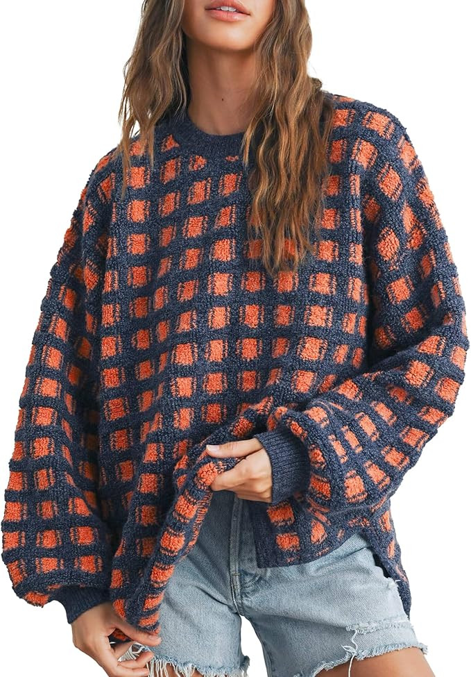 Checkered Sweaters for Women Long Sleeve Crew Neck Knit Sweater Top Plaid Pullover Fall Vintage G... | Amazon (US)