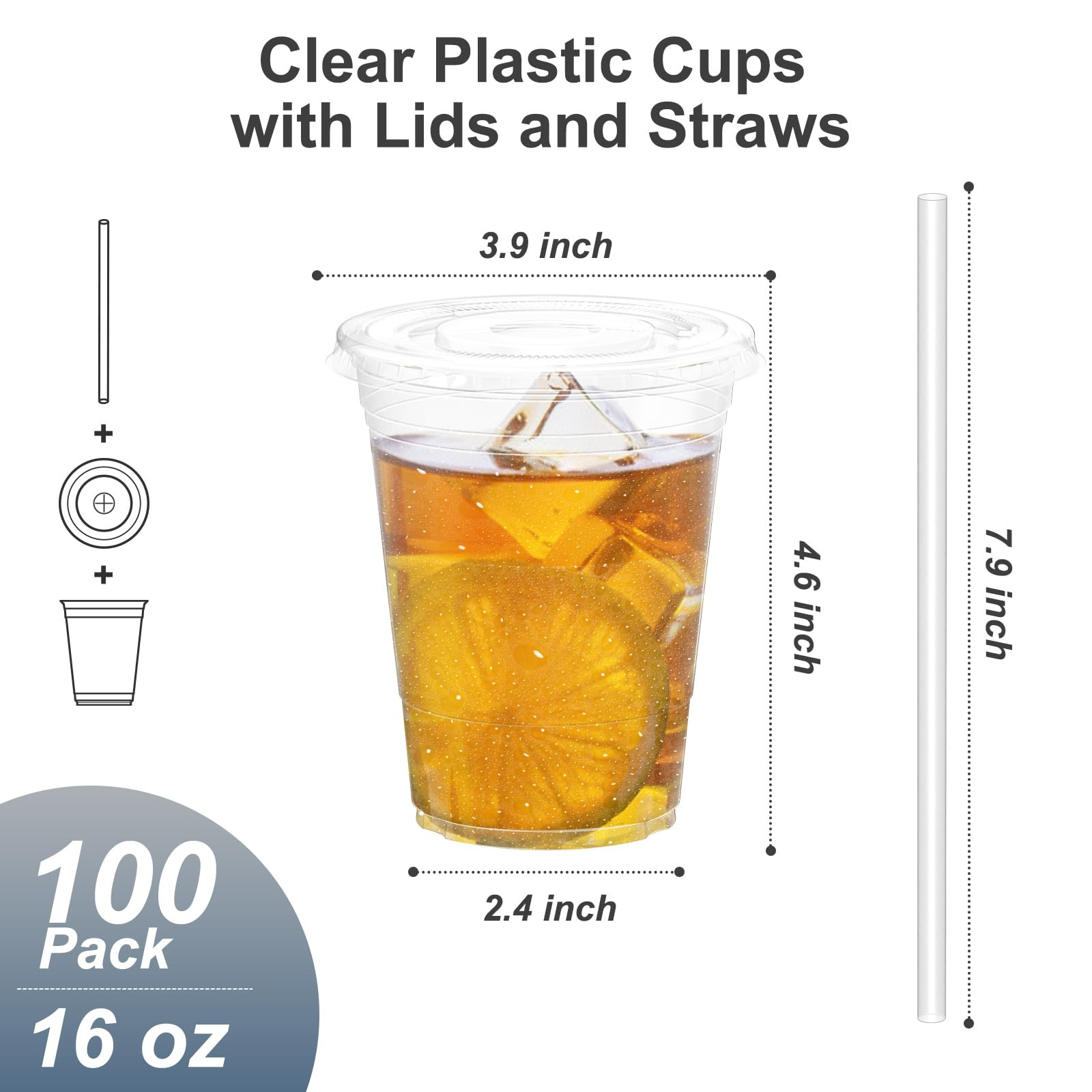 100 Pack - 16 oz Clear Plastic Cups with Lids and Straws, Sturdy & Food Safe Iced Coffee Cups wit... | Amazon (US)