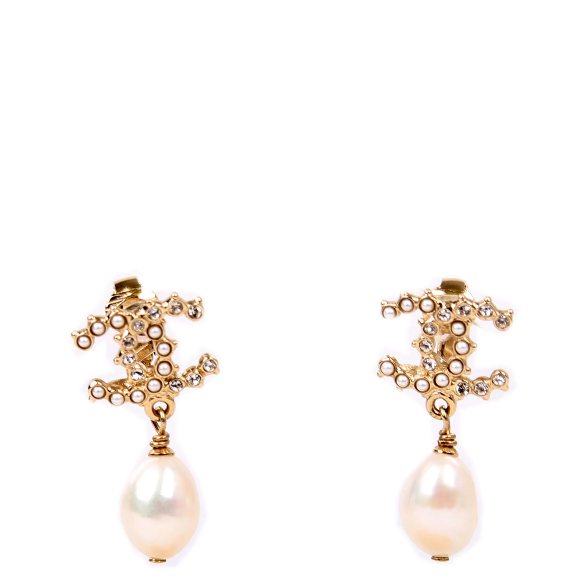 CC Pearl Drop Clip On Earrings Gold | Keeks Designer Handbags