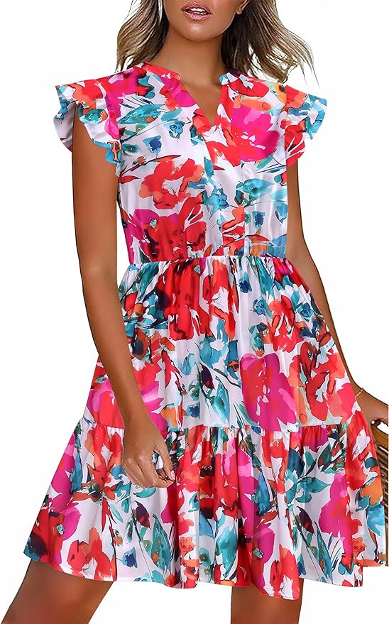 HOTOUCH Women Printed Dress for Summer Short Ruffle Sleeve Dress Tiered Mini Dress with Pockets | Amazon (US)