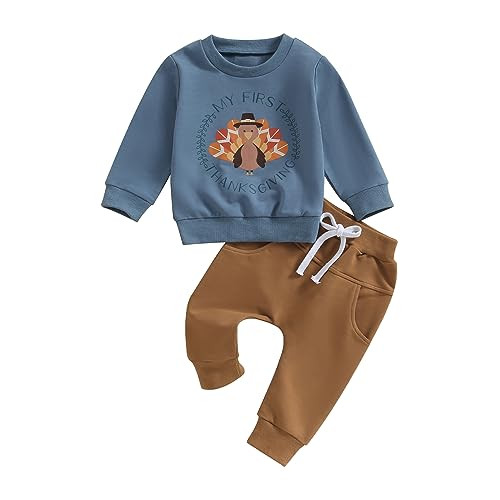 Amnnchya Toddler Baby Boy Thanksgiving Outfit Turkey Long Sleeve Sweatshirt Pants My First Thanksgiving Baby Boy Outfit (Blue, 0-3 Months) | Amazon (US)