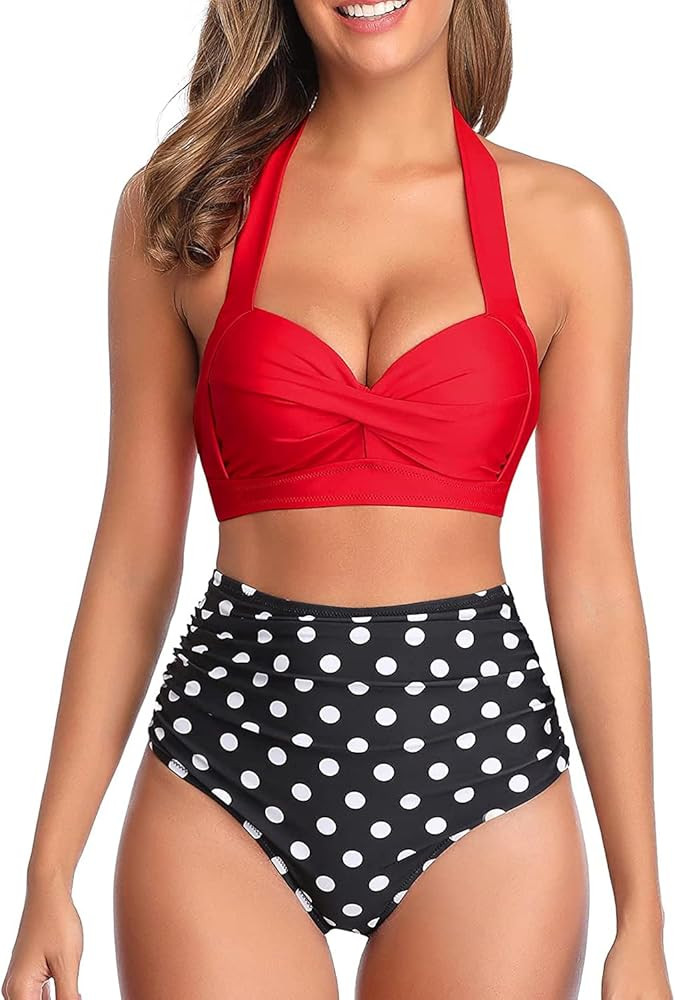Tempt Me Women Two Piece Vintage Swimsuit Retro Halter Ruched High Waist Bikini with Bottom | Amazon (US)