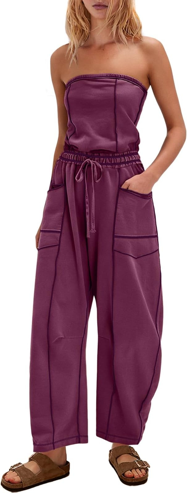 Womens Strapless Jumpsuits Off the Shoulder Tube Top barrel Overalls Loose Fit Romper with Pocket... | Amazon (US)