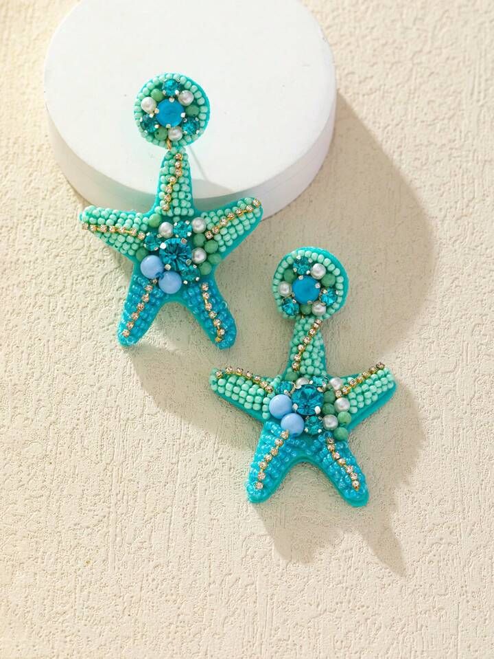 1pair Heavy Starfish, Rice Bead & Rhinestone Decor Earrings | SHEIN