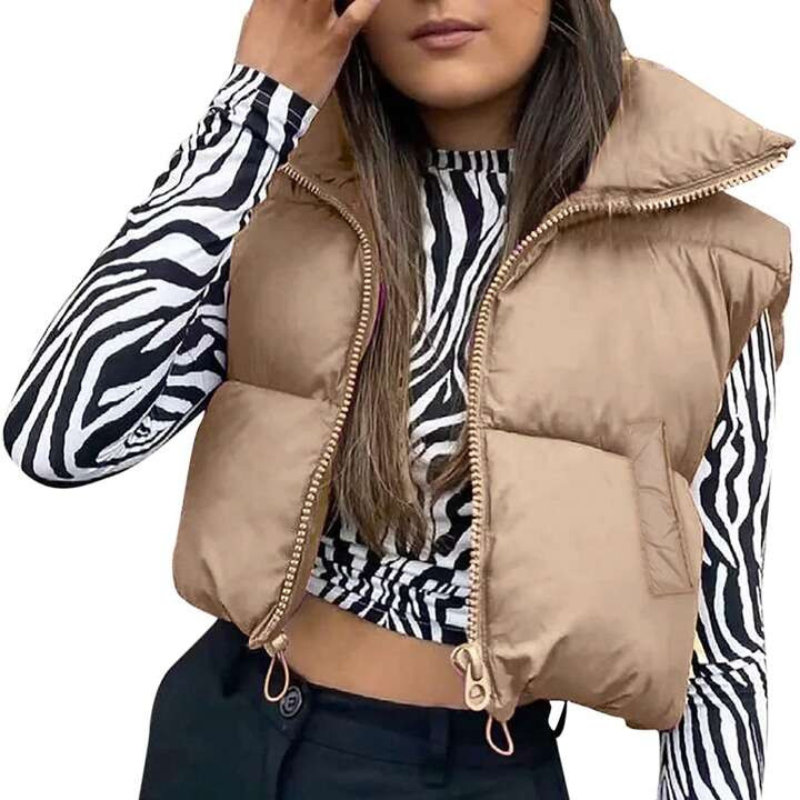 Women Winter Cropped Puffer Vest Lightweight Sleeveless Warm Stand Neck Zipper Outerwear Casual J... | SHEIN