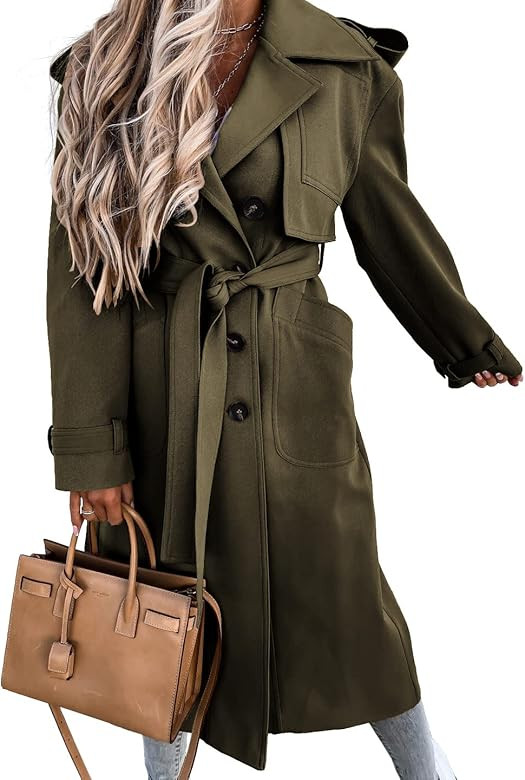 Fisoew Women's Double Breasted Long Trench Coat Windproof Classic Lapel Belted Overcoat with Pock... | Amazon (US)