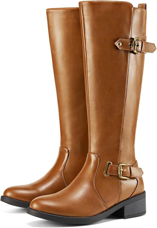 Rollda Women's Slouchy Knee High Boots Pull On Flat Boots Side Zipper Fall Boots for Women | Amazon (US)