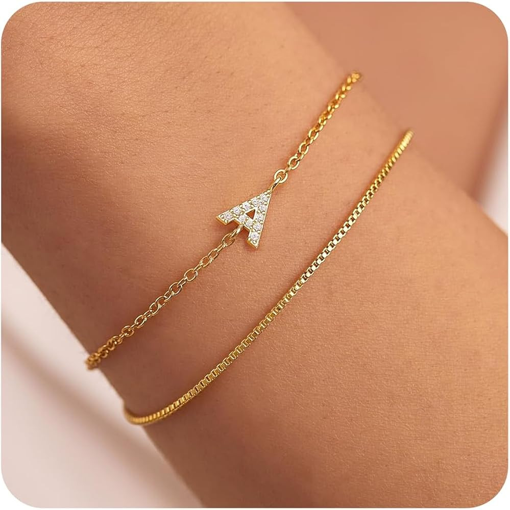 Gold Initial Bracelets for Women, Dainty 14K Gold Plated Letter Initial Bracelet for Women, Cute ... | Amazon (US)