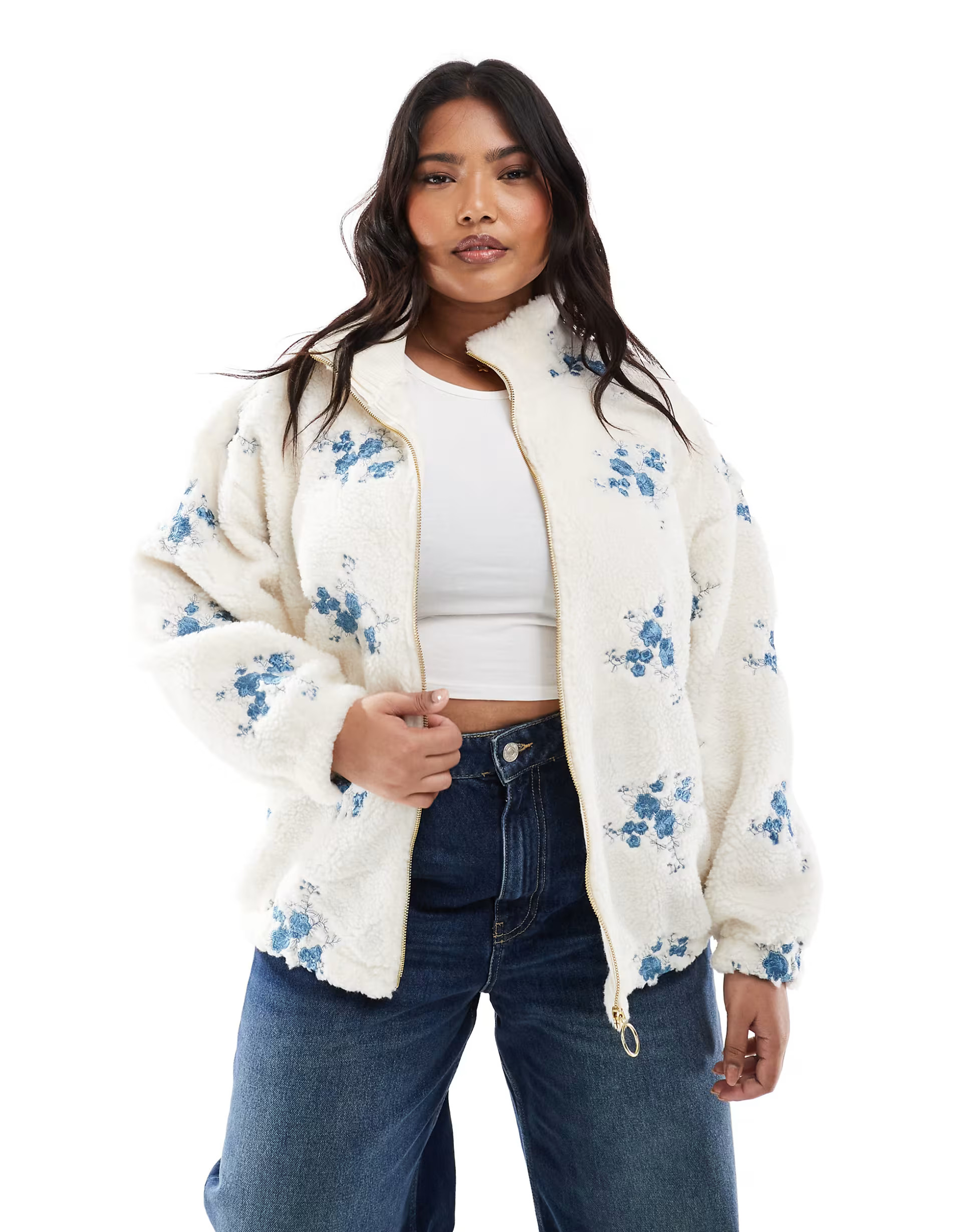ONLY Curve zip through teddy embroidered jacket in cream | ASOS (Global)
