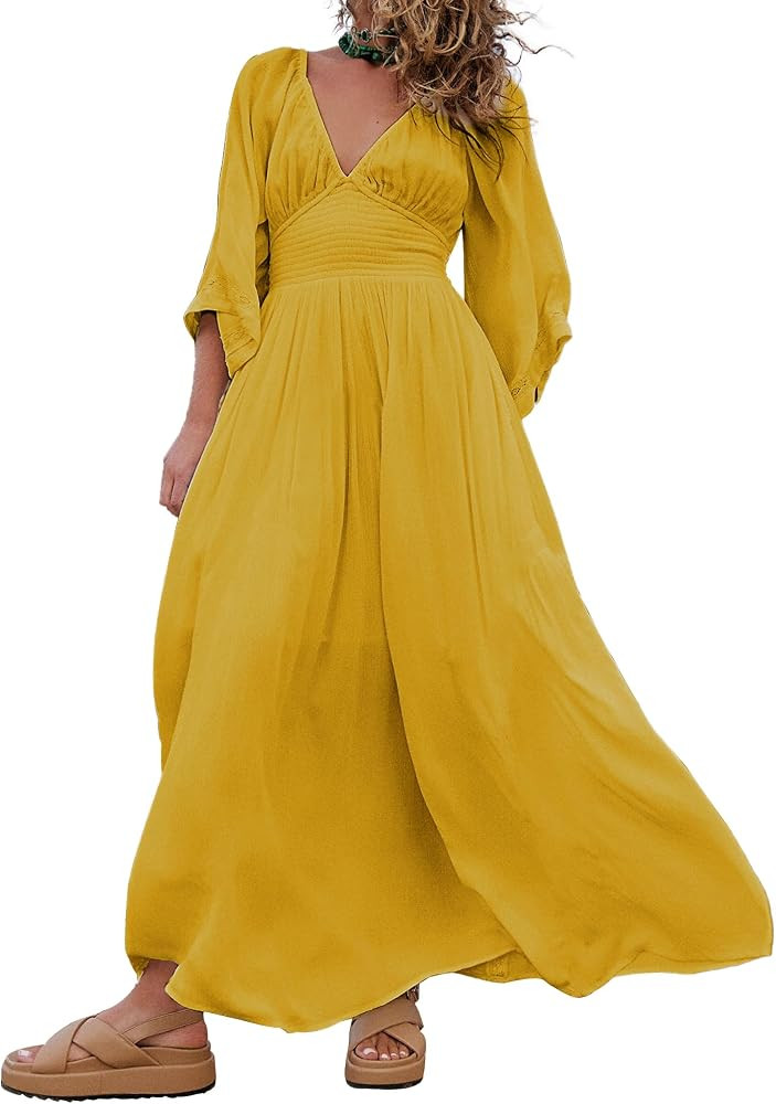 Women's Summer Maxi Dress with Pocket, V-Neck Exaggerated Sleeve Smocked Bodice | Amazon (US)