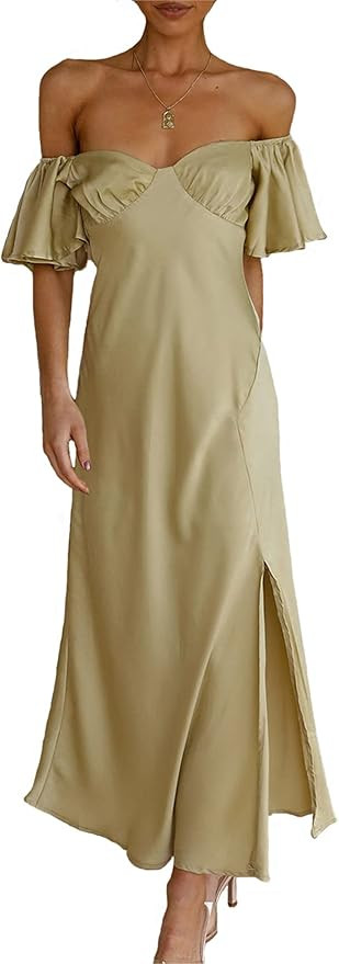 2025 Summer Women's Satin Off Shoulder Formal Dress Wedding Guest Elegant Butterfly Sleeve Split ... | Amazon (US)