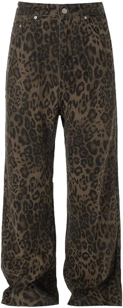 Y2K Leopard Jeans for Women - Baggy Unisex Cheetah Print Straight Leg Denim with Pockets, Casual ... | Amazon (US)