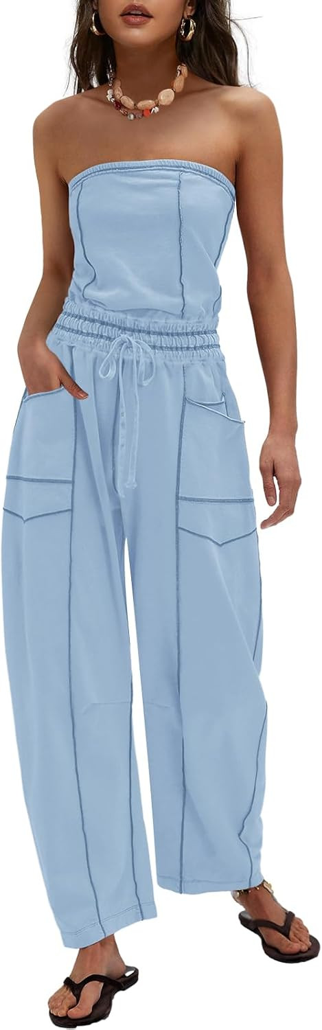 Womens Casual Strapless Jumpsuits off the Shoulder Summer Rompers Sleeveless One Piece Outfits with Pockets | Amazon (US)