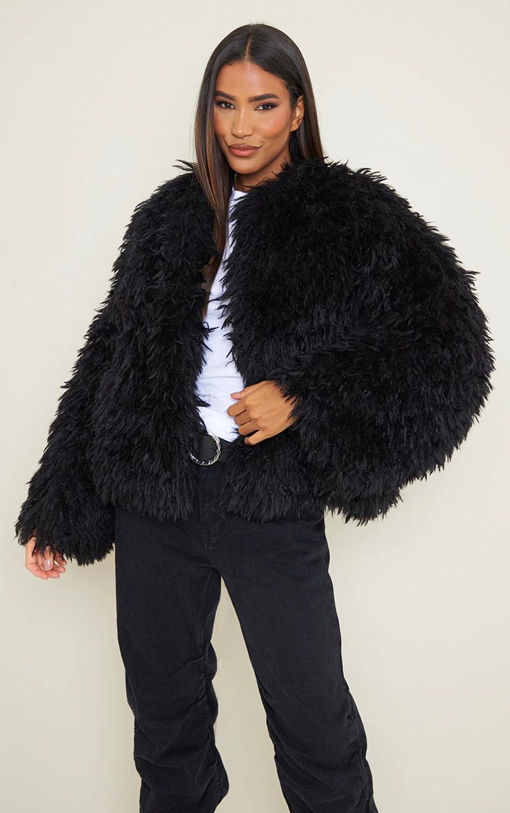 Black Soft Touch Shaggy Faux Fur Coat | PrettyLittleThing UK