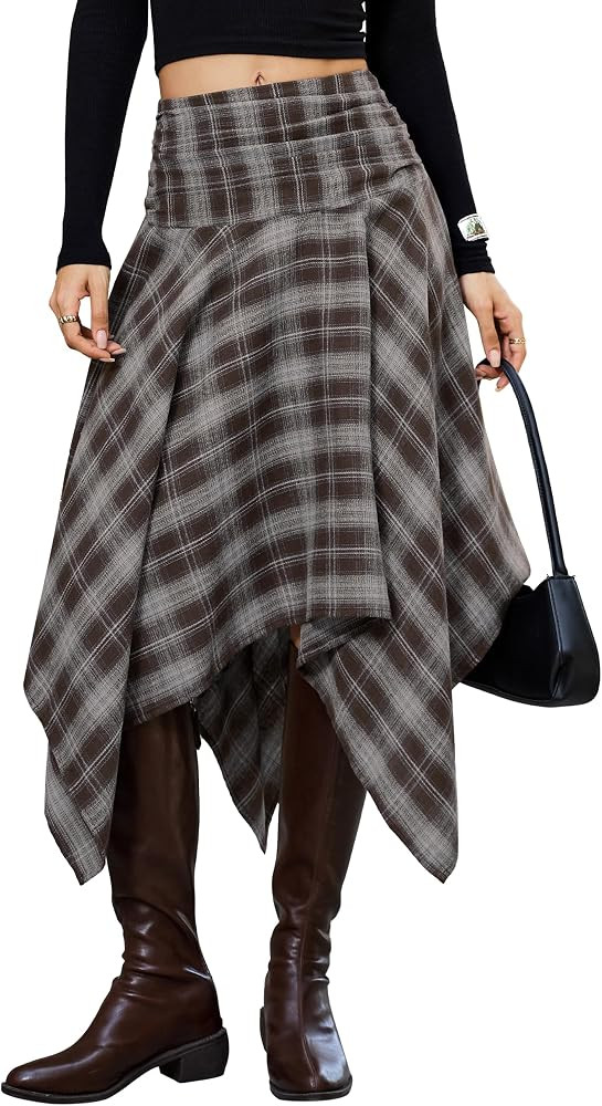 Bsubseach Women Asymmetrical Plaid Midi Skirt Y2k Handkerchief Fall Skirt | Amazon (US)
