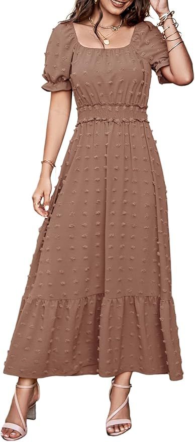 PRETTYGARDEN Women's Boho Dress Short Sleeve V Neck Swiss Dot Ruffle Tiered Maxi Dress Smocked Co... | Amazon (US)