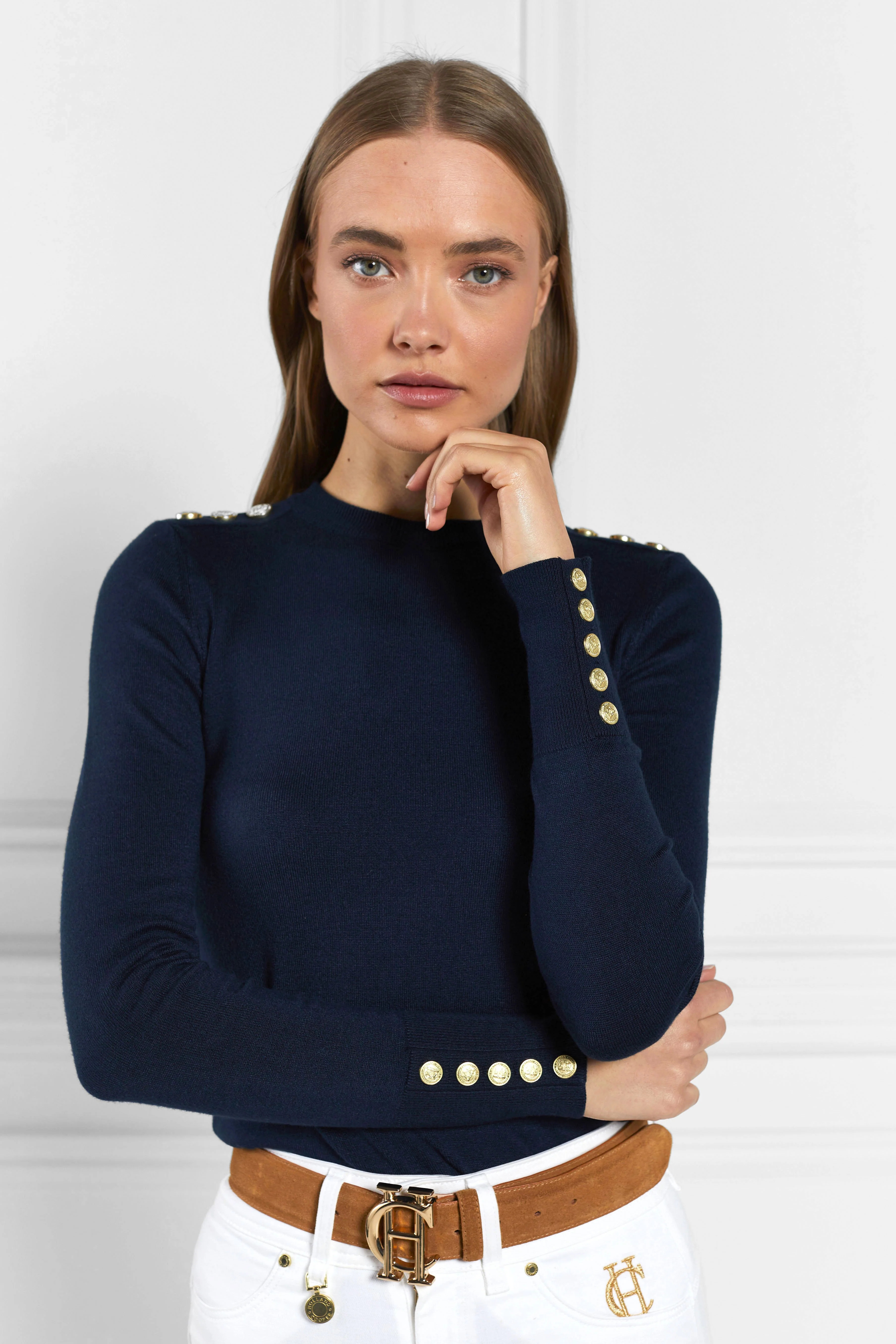Buttoned Knit Crew Neck (Ink Navy) | Holland Cooper
