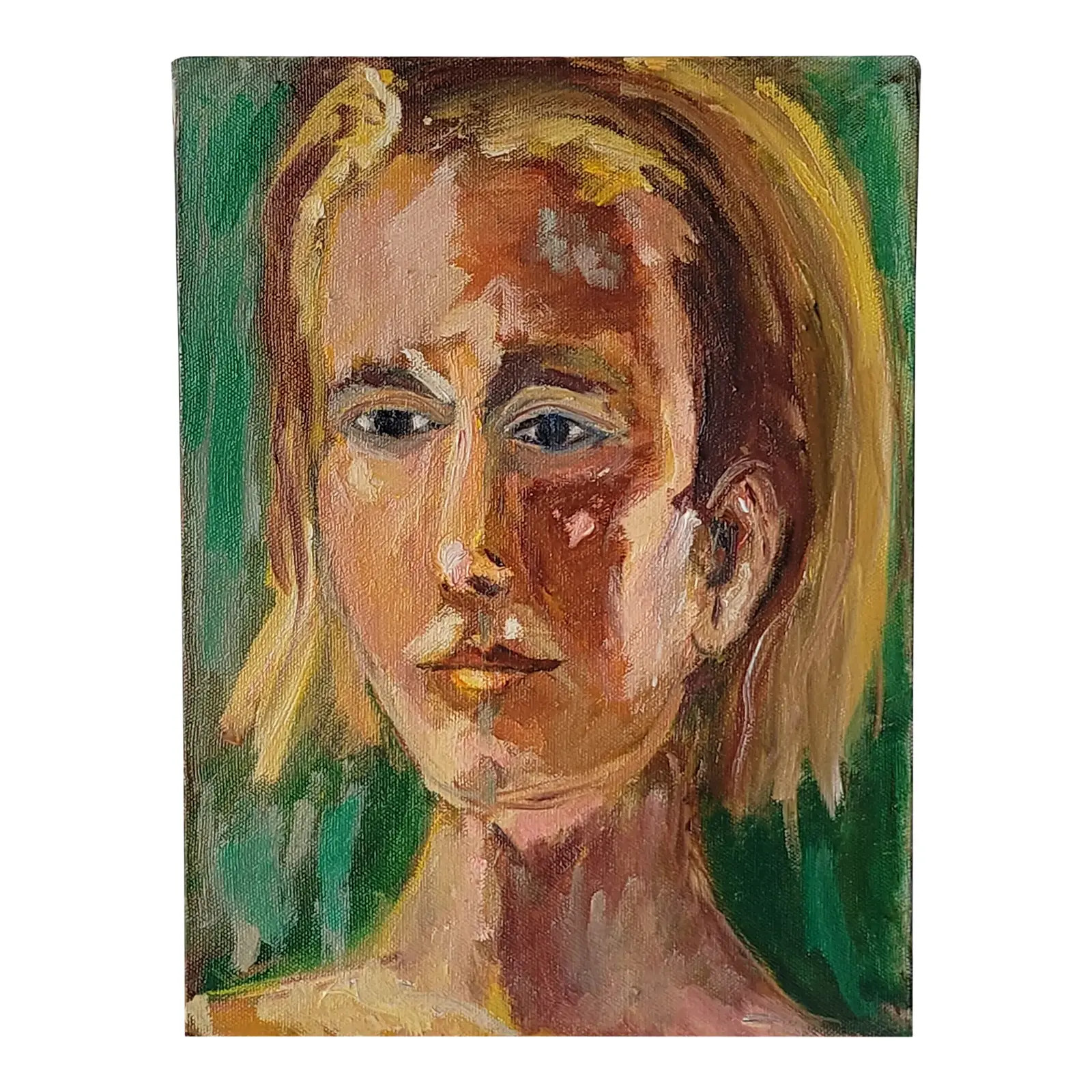 2000s "Niome" Expressionist Green and Yellow Portrait Oil Painting of a Woman by Rosemary Rabut | Chairish