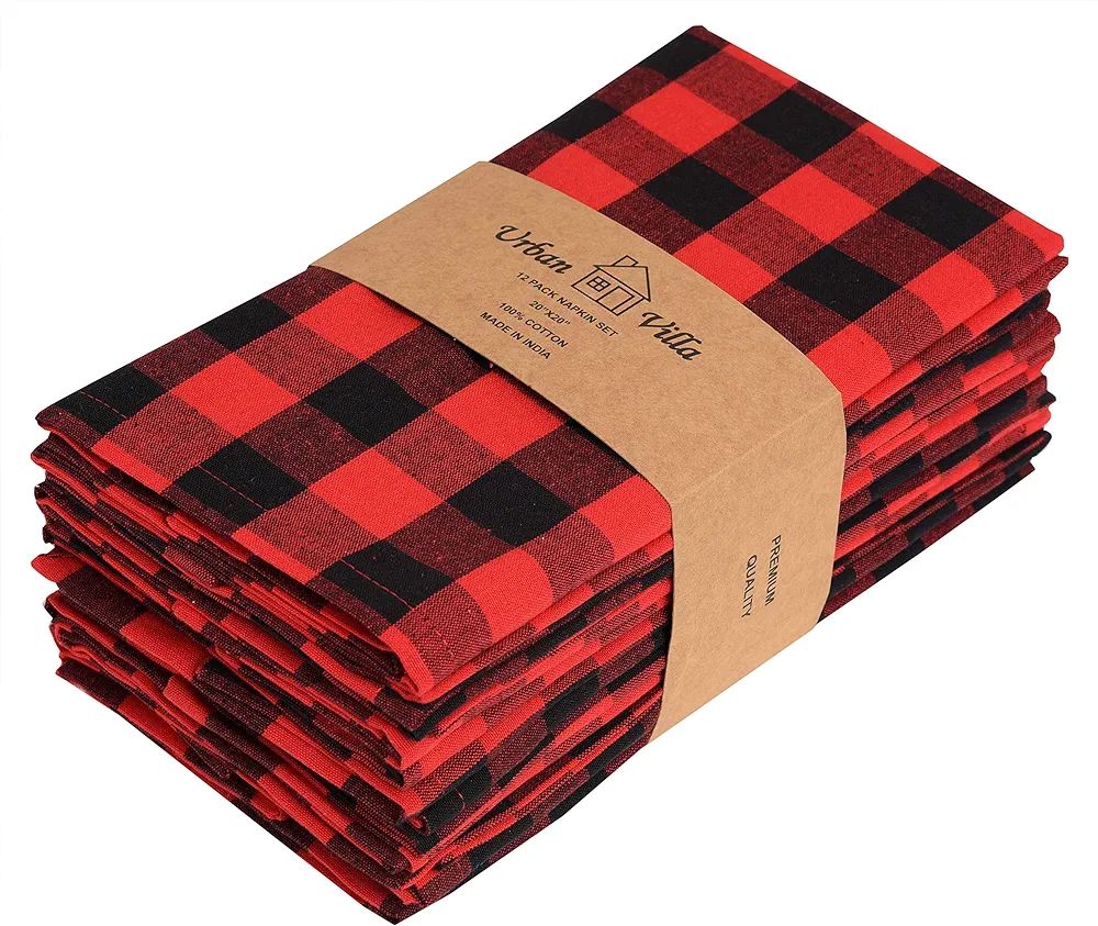 Urban Villa Christmas Dinner Napkins Buffalo Checks Cloth Napkins Set of 12 Red/Black Color Check... | Amazon (US)