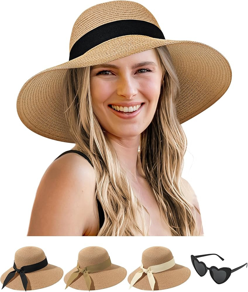 Sun Hats for Women, Wide Brim Straw Floppy Hat for Beach Summer Vacation Garden Packable Roll Up ... | Amazon (US)