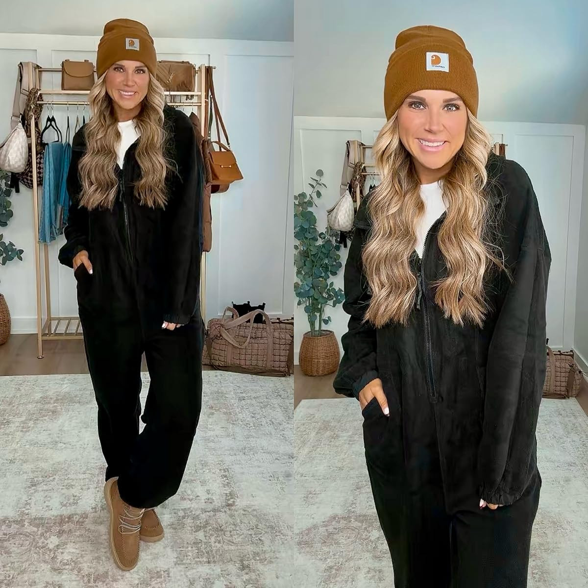 Obsessed with my new fleece jumpsuit! It's so cozy and perfect for layering. Styling it with my favorite Carhartt beanie and boots from HEY DUDE. Boots are almost sold out, so linking a similar color.  

 #LTKootd #LTKSeasonal #LTKFindsUnder100