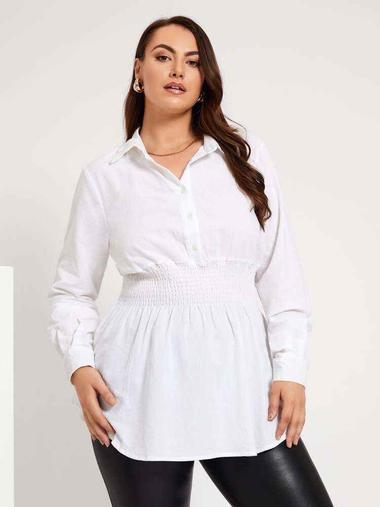 Plus Half Button Shirred Waist Blouse | SHEIN