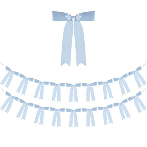 Dusty Blue Bow Garland Banner 2 Strings 18PCS, Pre-Strung Satin Ribbon Bow Ornaments for Birthday, Baby Shower, Bridal Shower, Wedding, Bachelorette Party, Engagement, Anniversary, Graduation Decor | Amazon (US)