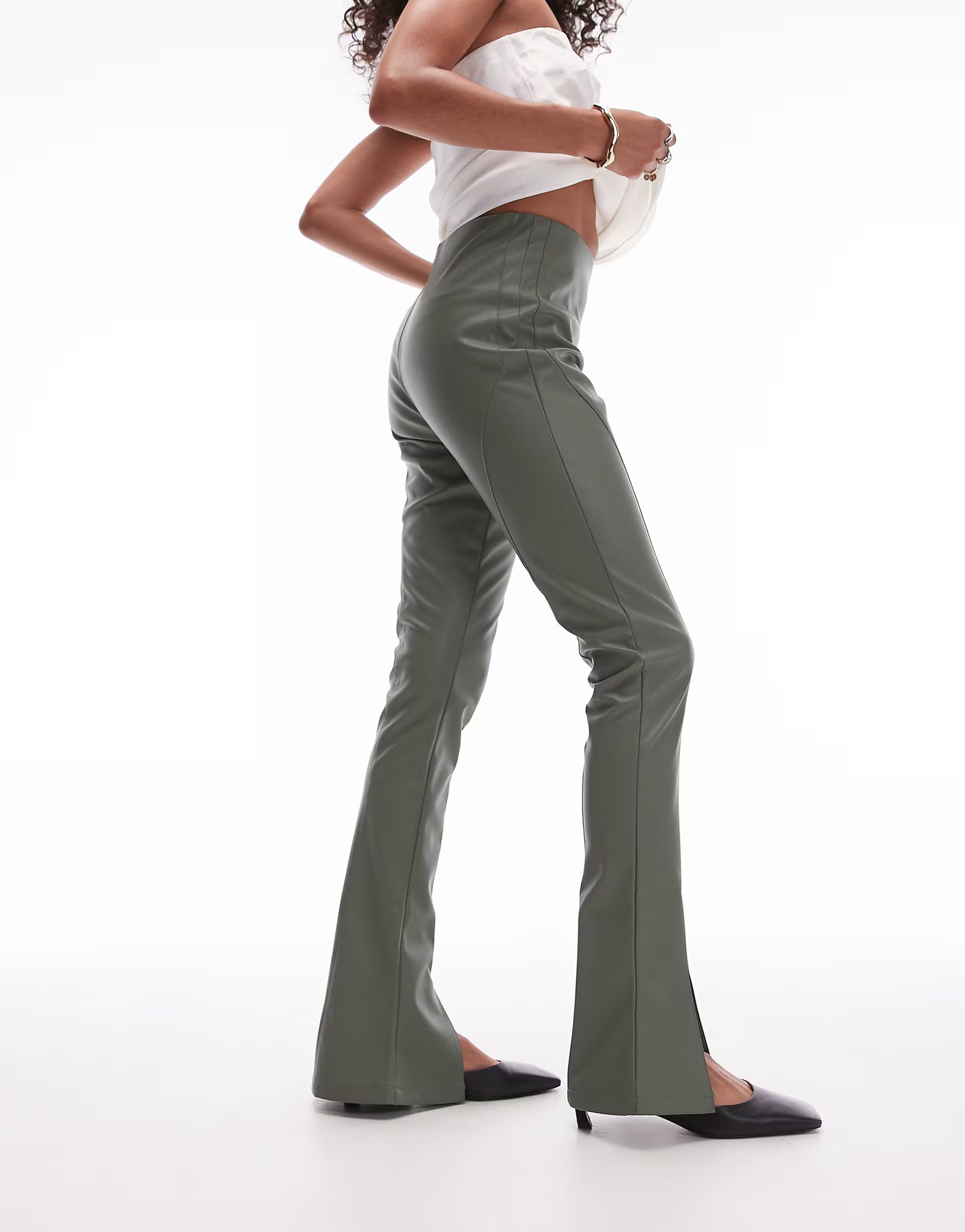 Topshop faux leather seamed flare trouser in khaki | ASOS (Global)
