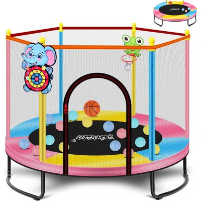 Pink Indoor Trampoline for Kids 2-5, 5ft Mini Indoor & Outdoor Small Toddler Trampoline with Net and Basketball Hoop | Wayfair North America