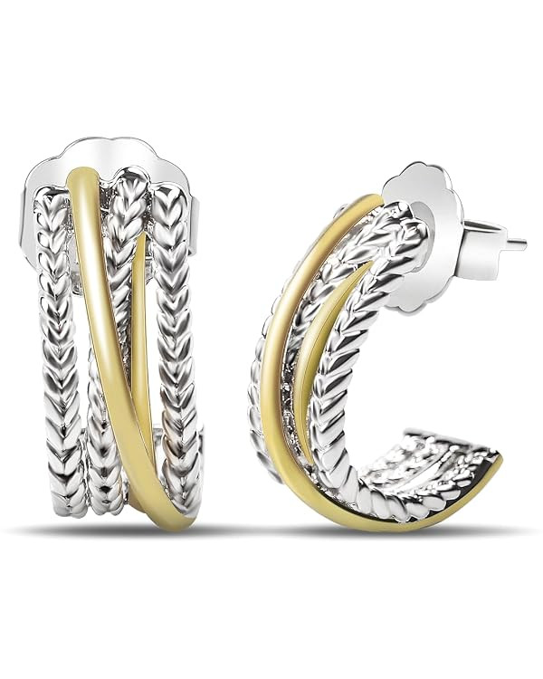 18K Gold Plated Twisted Cable Hoop Earrings Designer Inspired Two Toned C Hoop Earrings for Women... | Amazon (CA)