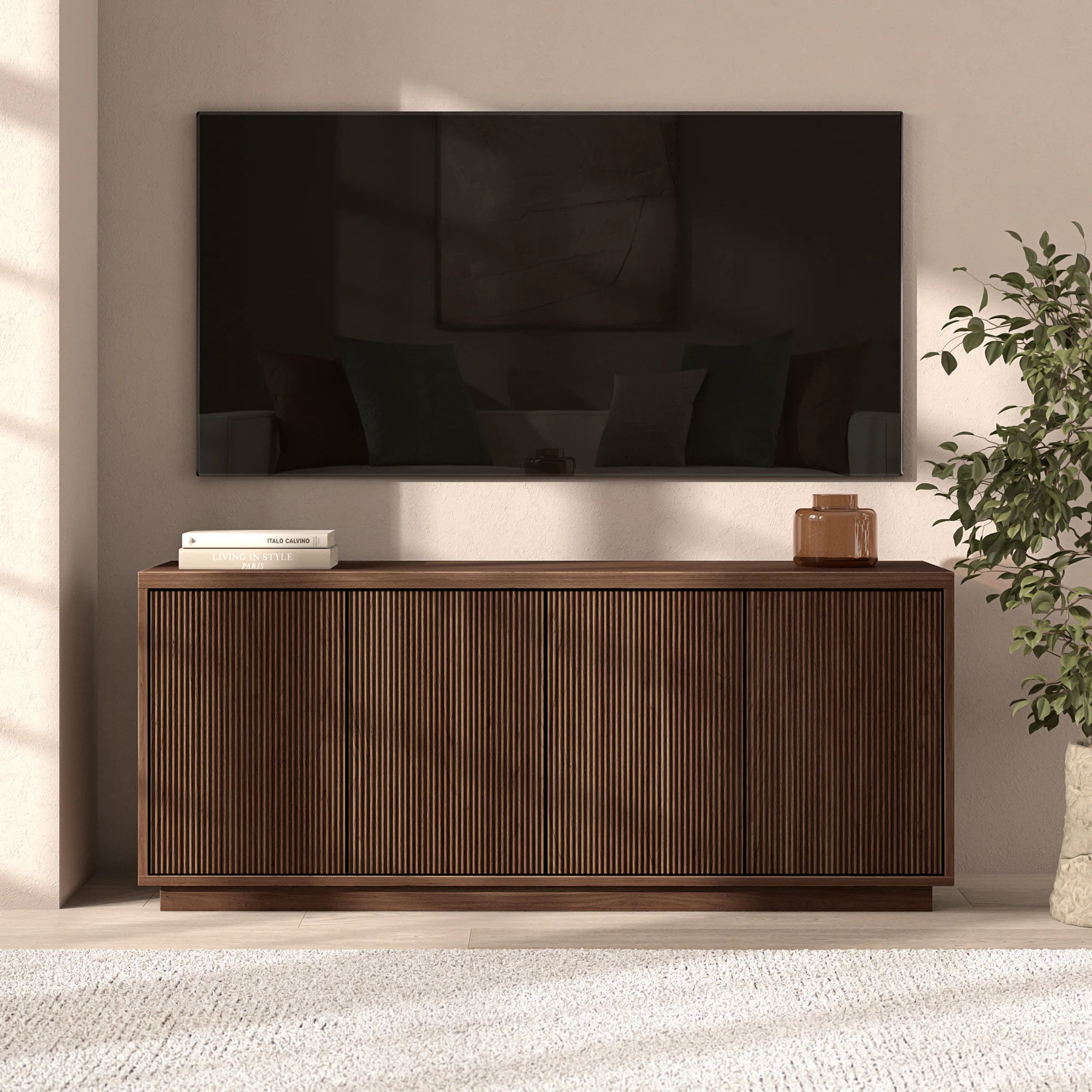 Hanson Rectangular Fluted TV Stand for TV's up to 65" in Satin Walnut | Wayfair North America