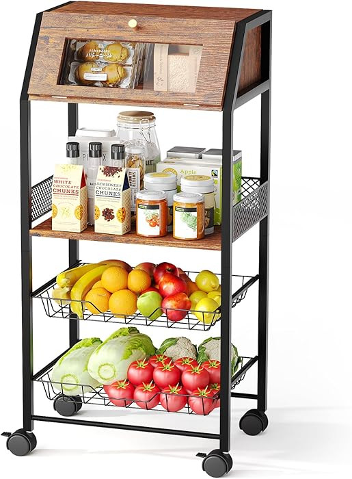 Rolling Kitchen Cart with Bread Box and 2 Pull-Out Wire Baskets - 4-Tier Storage Cart on Wheels w... | Amazon (US)