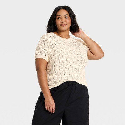 Women's Short Sleeve Crochet Sweater Top - A New Day™ Cream 2X | Target