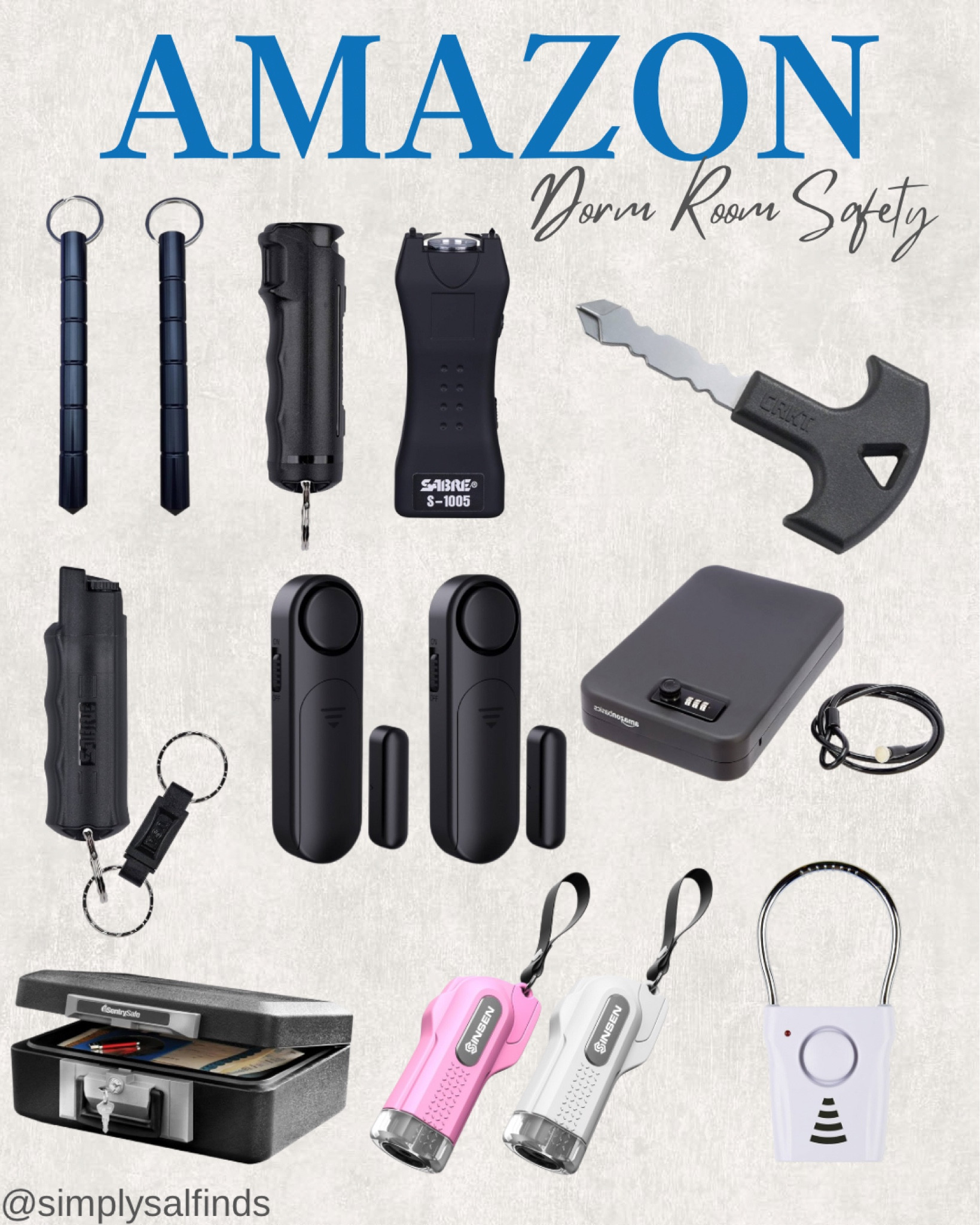 AMAZON- Dorm room safety

Portable lock box safety, fire proof safe box with key, car safety hammer, personal defense keychain tool, key ring self defense weapon, pepper spray, stun gun with flash light, door handle alarm, door and window alarm


#LTKFindsUnder50 #LTKOver40 #LTKFindsUnder100