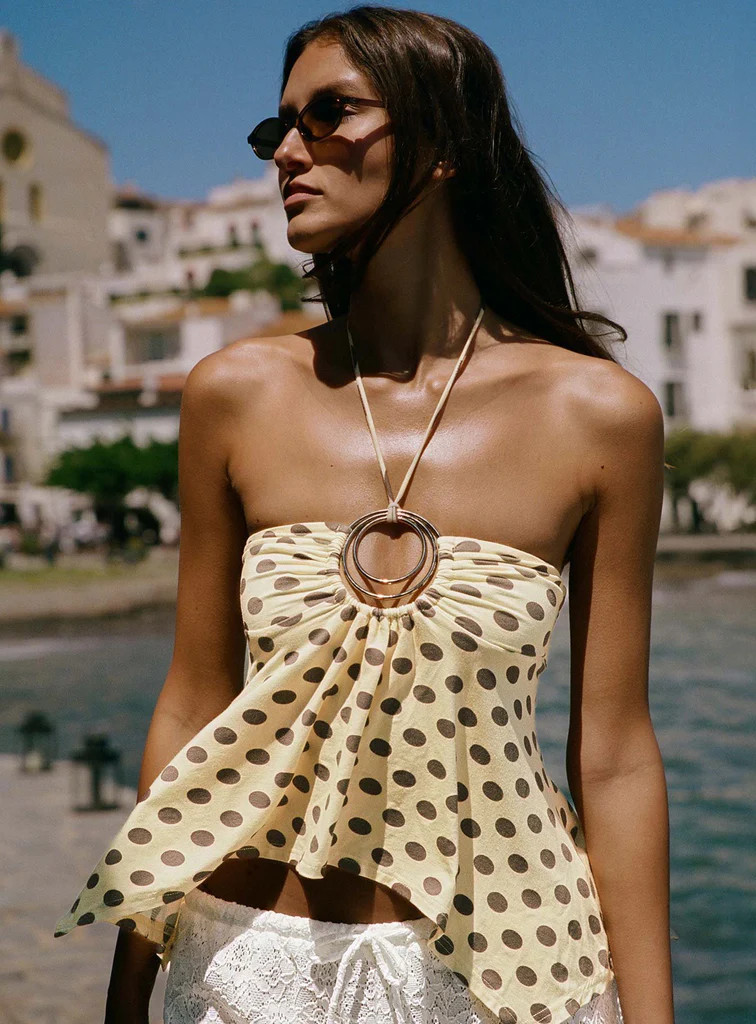 Betsey Ring Detail Tie Neck Top Yellow Polka Dot | Princess Polly US