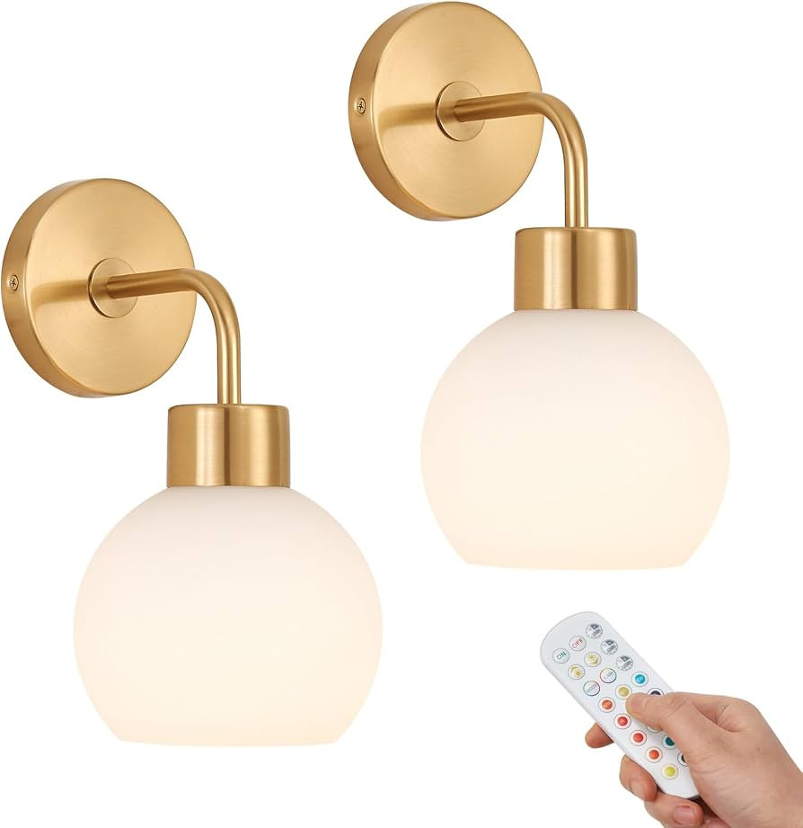 Battery Operated Wall Sconce Set of 2, Gold Wireless Wall Light with Milk White Glass Shade, 3CCT... | Amazon (US)