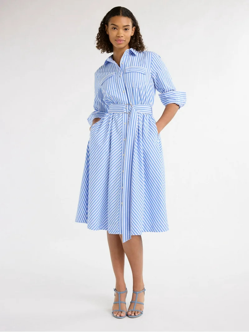 Free Assembly Women's and Women's Plus Belted Cotton Midi Shirtdress with Long Sleeves, Sizes XS-... | Walmart (US)