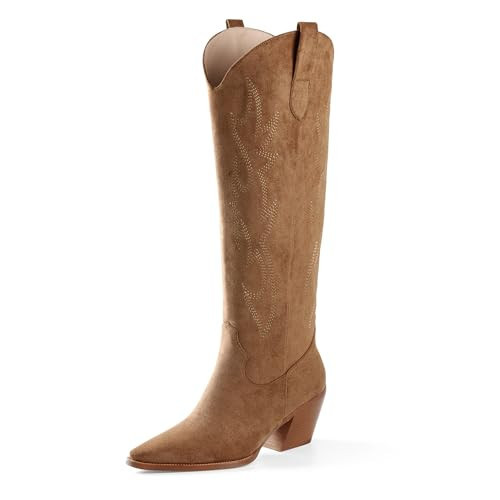 iiimmu Cowgirl Boots Knee High Pointed Toe and Block Heel Suede Cowboy Boots for Women with Embroidered, Light Brown Size 11.5 | Amazon (US)