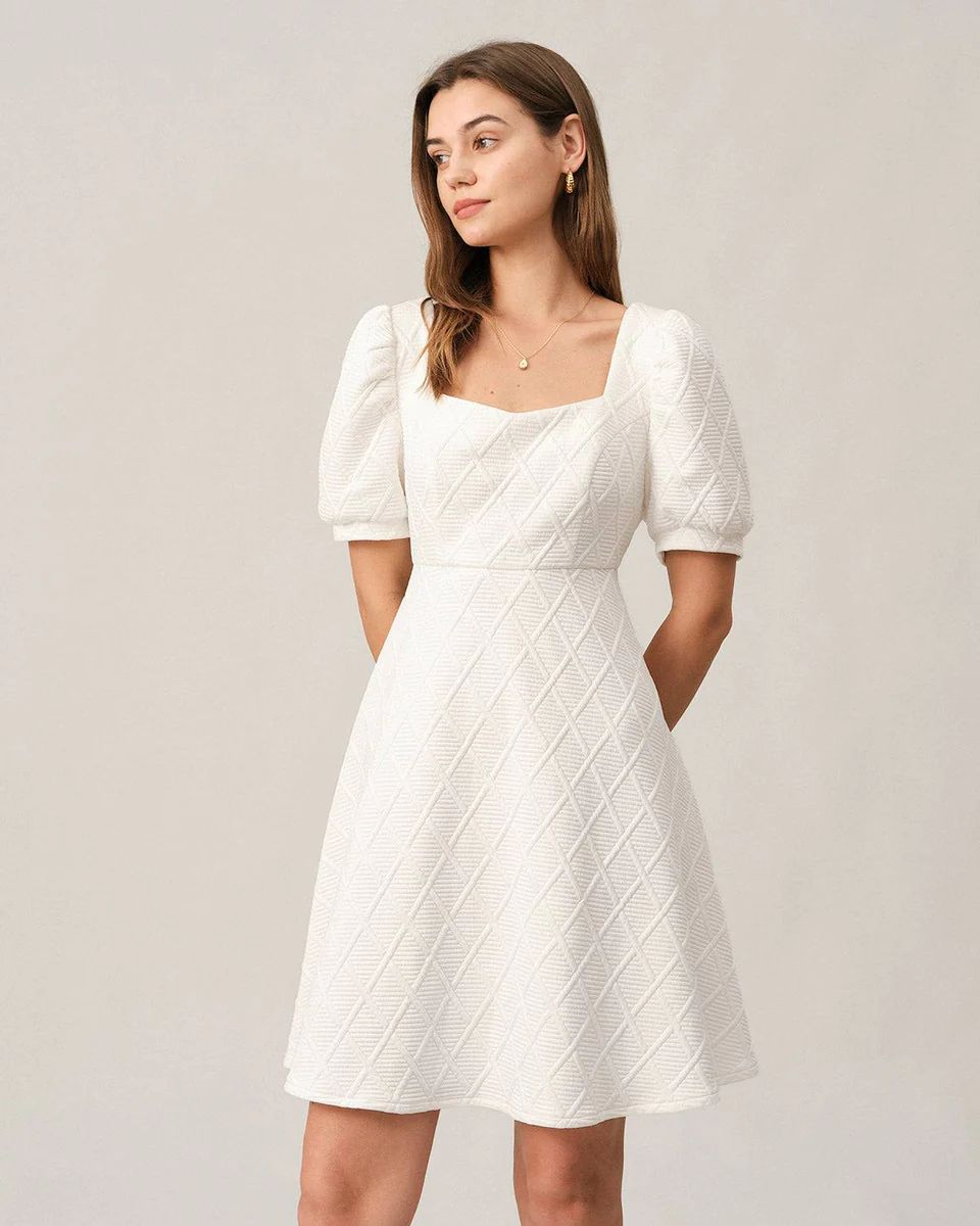 The Solid Textured Puff Sleeve Mini Dress | rihoas.com