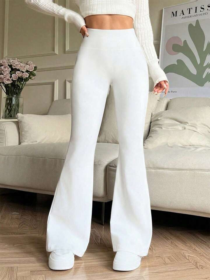 Solid Color High Waist Stretch Flared Pants Sports Yoga Pants Compression Leggings Running Fitness Pants, Spring And Summer Breathable Quick-Drying Sports Trousers, Women's Leggings, Women's Clothing | SHEIN