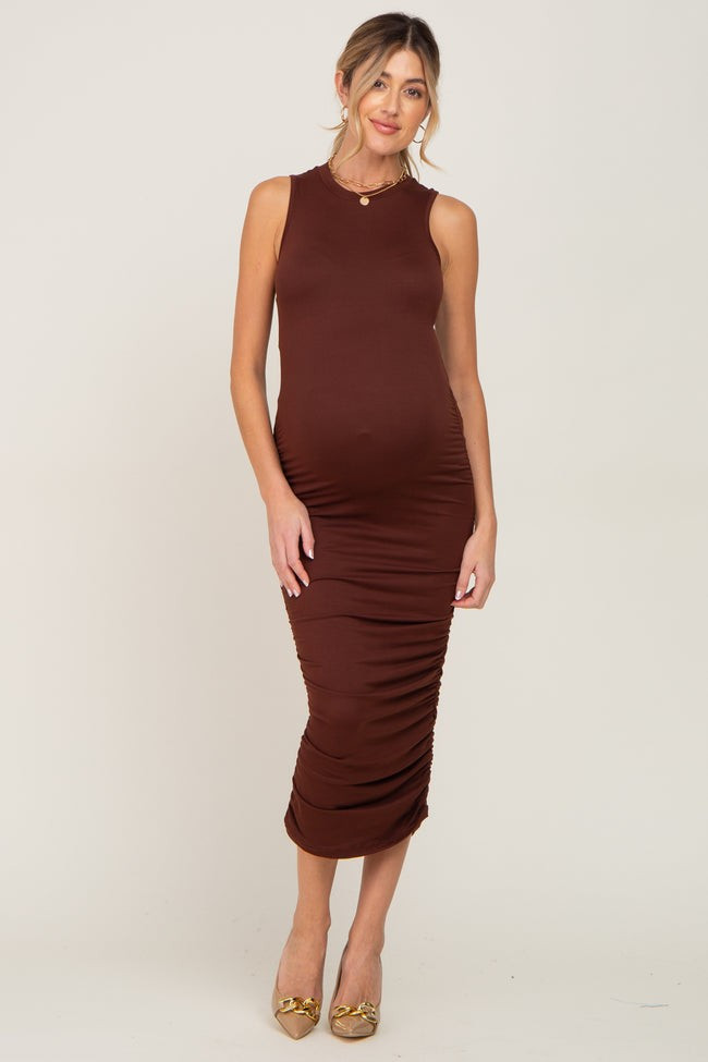 Brown Basic Ruched Maternity Midi Dress | PinkBlush Maternity