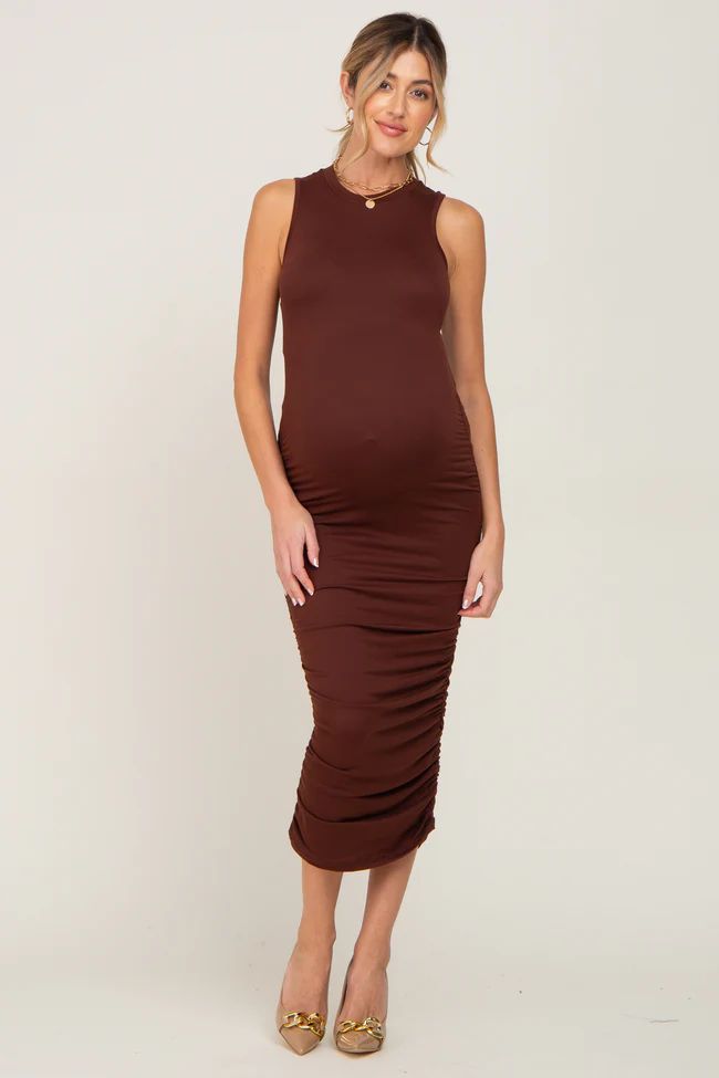 Brown Basic Ruched Maternity Midi Dress | PinkBlush Maternity