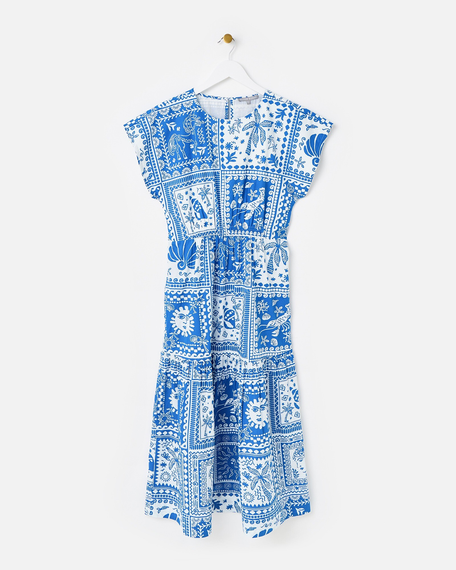 Blue & White Summer Tile Print Poplin Tiered Midi Dress | Oliver Bonas | Oliver Bonas (Global)