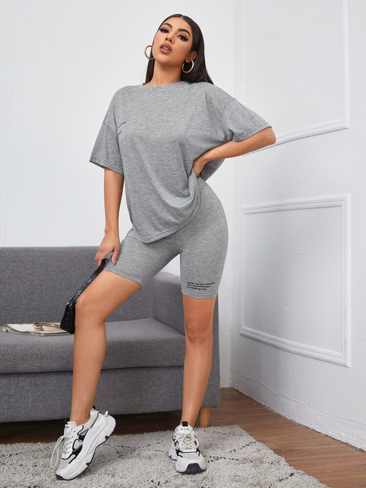 SHEIN Drop Shoulder Top & Slogan Graphic Biker Shorts Set | SHEIN