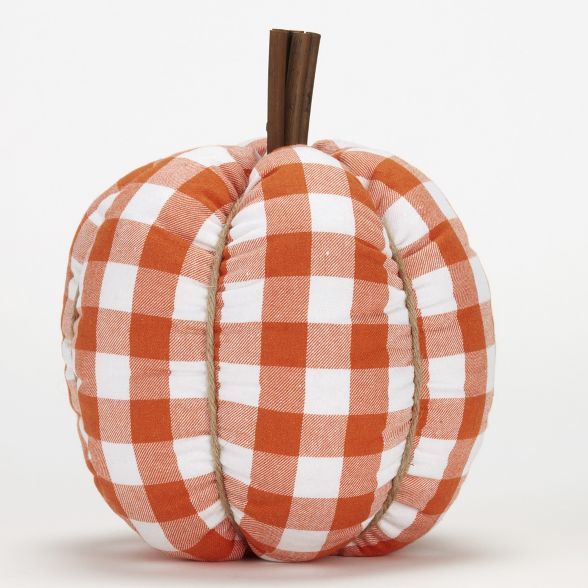 Lakeside Plaid Plush Decorative Pumpkins with Wooden Stem and Jute Wrap | Target