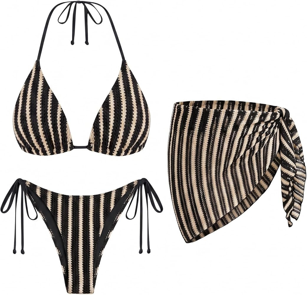 Women's 3 Piece Sexy Triangle Crochet Bikini Set - Halter Tie Side Swimsuit with Cover Up for Bea... | Amazon (US)