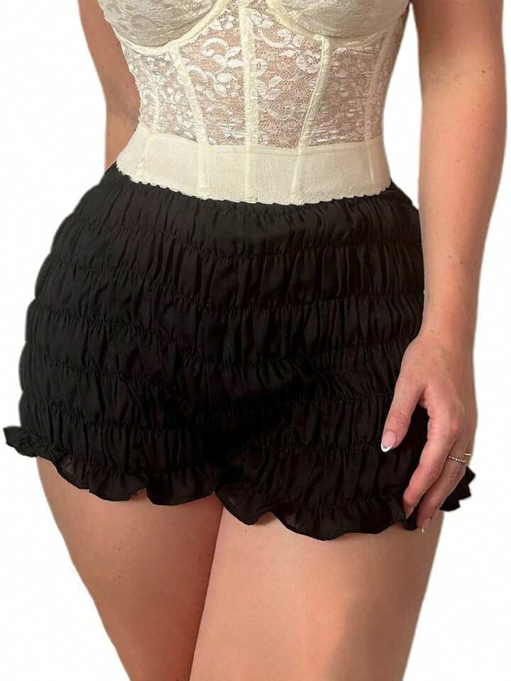 Women's Summer Bloomers Shorts Solid Color High Waist Tiered Bodycon Short Pants3.00(1) | SHEIN