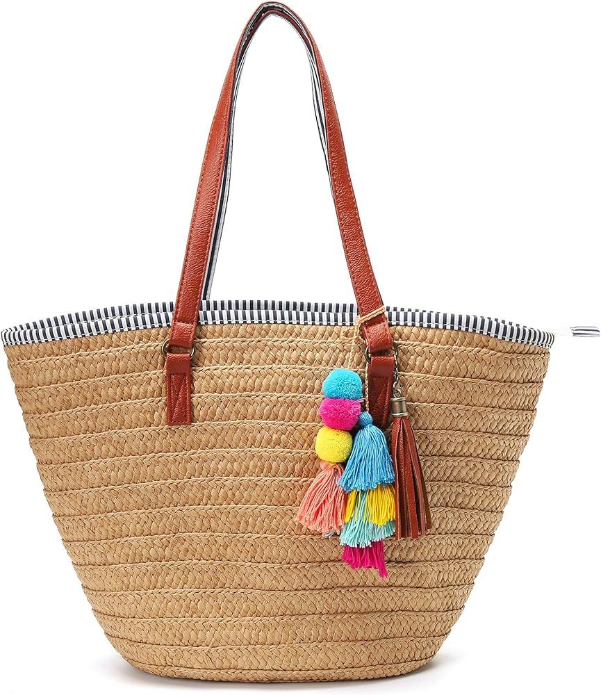 Solyinne Straw Beach Bag Large Woven Straw Bag Handbag Women's Woven Tote Bag Summer Beach Tote with | Amazon (US)