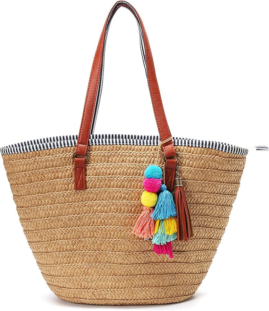 Solyinne Straw Beach Bag Large Woven Straw Bag Handbag Women's Woven Tote Bag Summer Beach Tote with | Amazon (US)